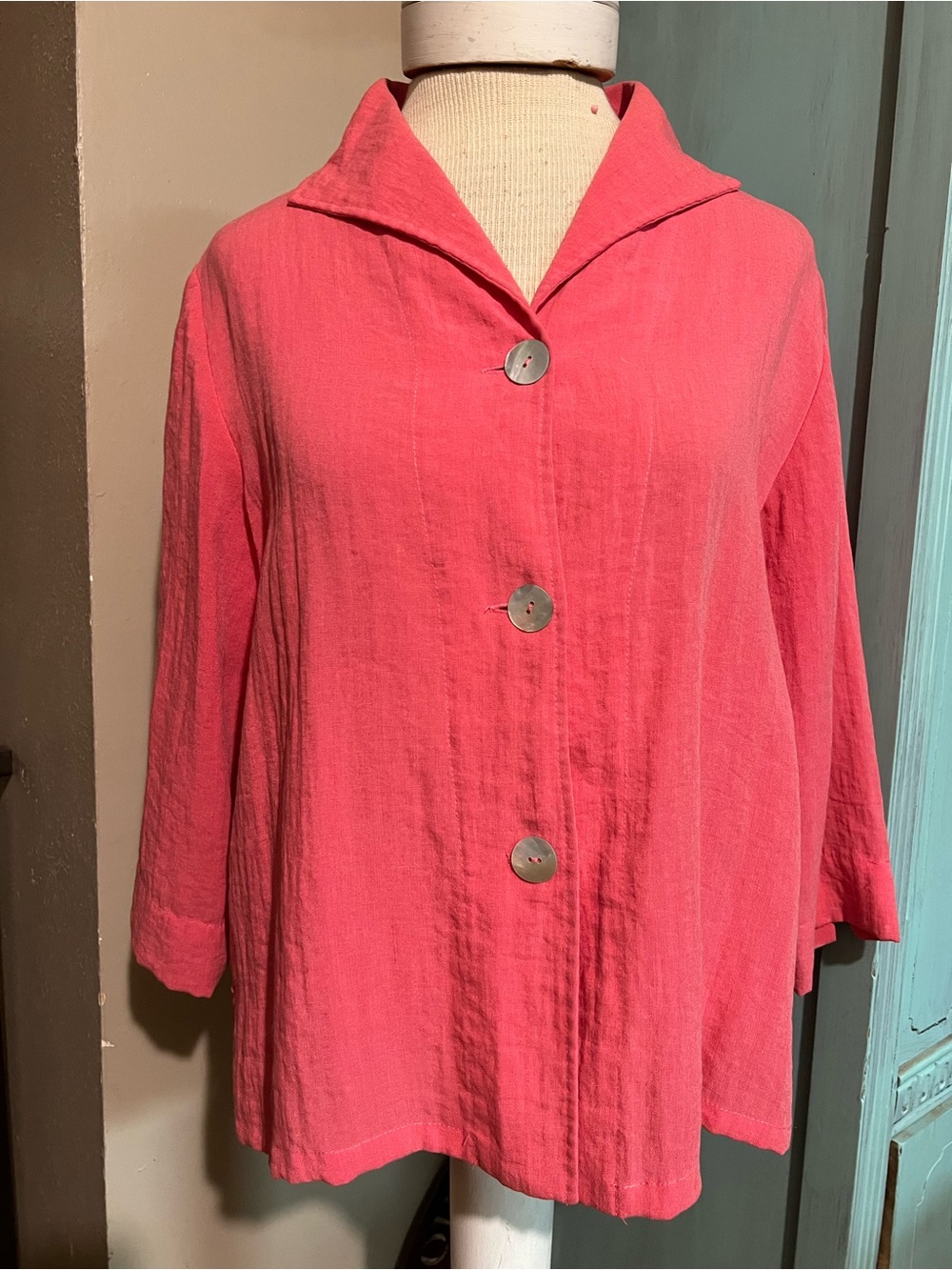 Fridaze 100% Linen Coral Pink Lagenlook Shirt Jacket Boho Button Front Medium M
